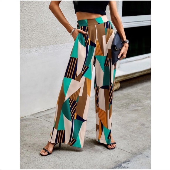 🔥BLACK FRIDAY🔥 Boho High Waist Print Pocket Wide Leg Palazzo Pants L - Picture 3 of 5